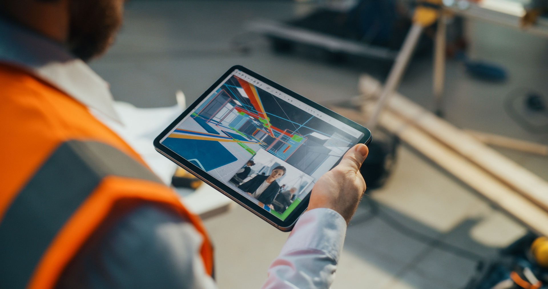 Civil Engineer Talking with a Real Estate Business Developer on a Video Call Software on a Tablet Computer. Split Screen with Phone App and 3D Virtual Reality Tour of a Building on a Construction Site